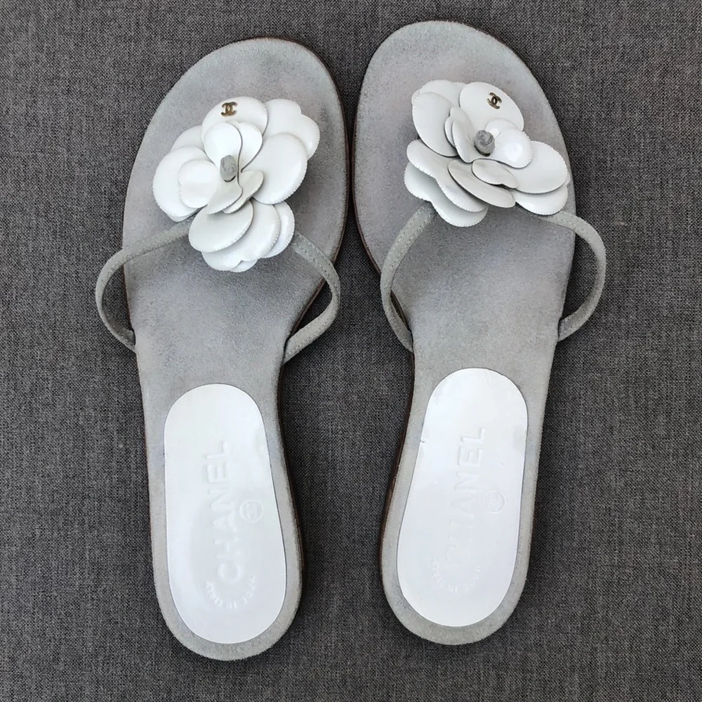 CHANEL Leather Camellia Flip Flop Sandals
